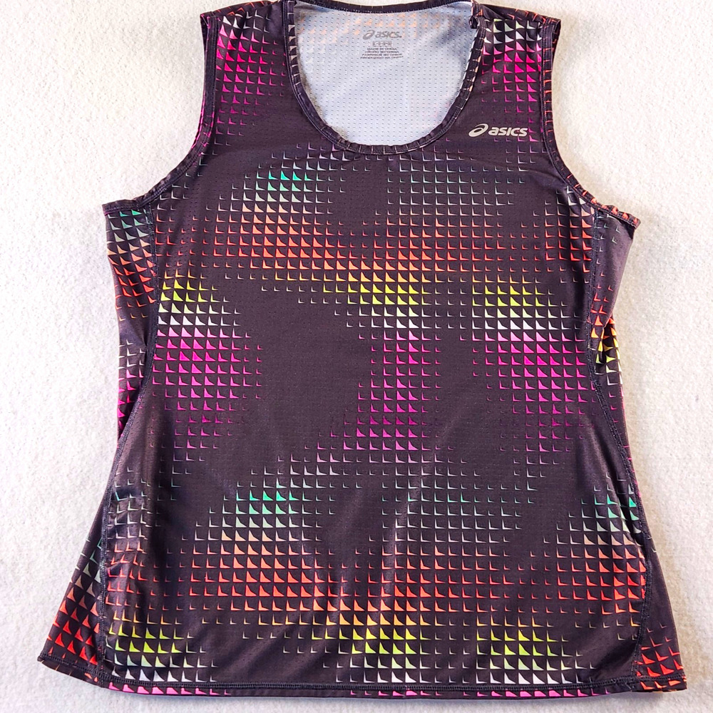 ASICS L.E. GRC Womens L Running Tank Top Mesh Breathable Geometric Scoop Black